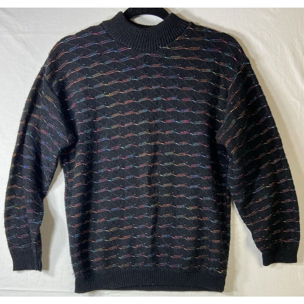 Vintage Rose Brand Medium 80’s Black Sweater Rainbow All Over Stitching Made USA